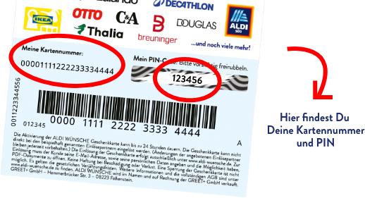 Rückseite einer Geschenkkarte mit markierter Kartennummer und PIN als Beispiel, wo diese auf der Karte zu finden sind.